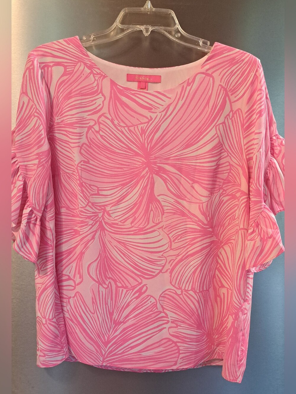 Gorgeous Lilly Pulitzer Darlah Top   Prosecco Pink Fronds Place Beach LRG